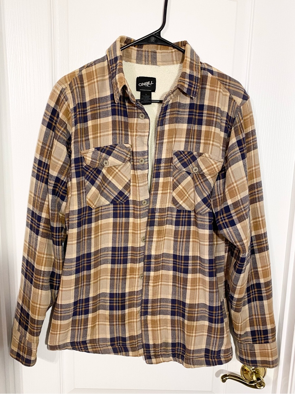 O’Neill Plaid Sherpa Lined Shirt Jacket Shacket Tan Navy Men’s Medium